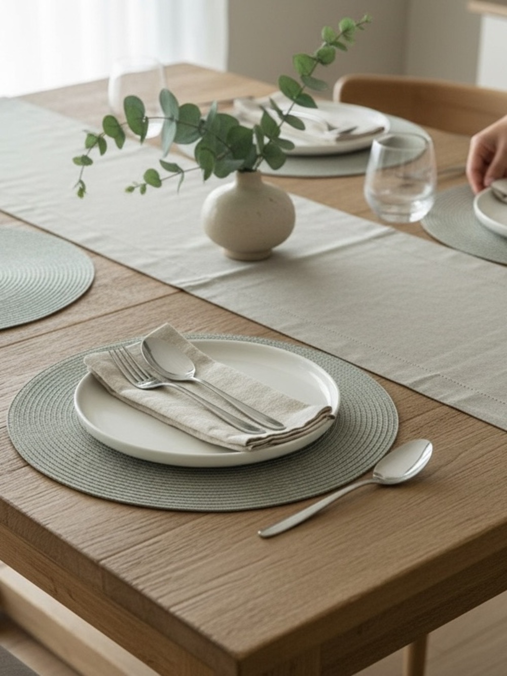 Sage green Table Runner and with 8 Round Placemats - Home Dining